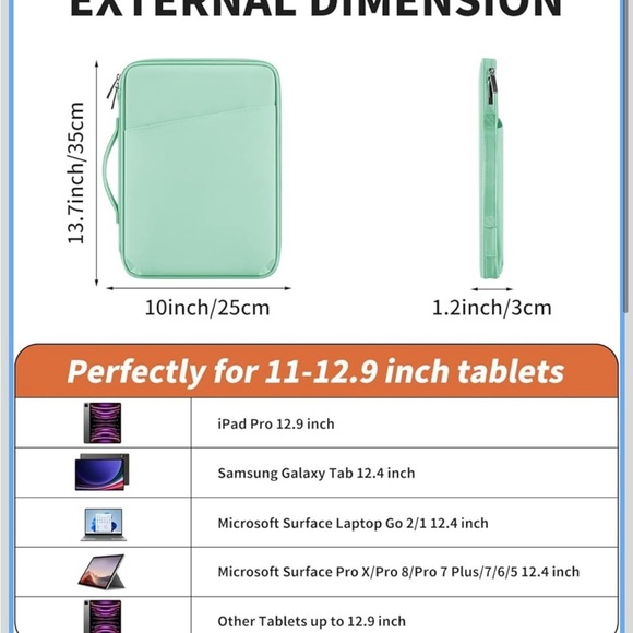 New 12.9" Tablet Sleeve Padded Mint Green for ipad Pro Surface Pro Galaxy TabS8 - Picture 13 of 13